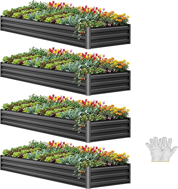 YITAHOME 4pcs 12x4x1 ft Galvanized Raised Garden Bed Kit, Large Metal Planter Box with Gloves, Safety Rubber & Support Rod, Outdoor Flower Bed for Plants Vegetables, Black