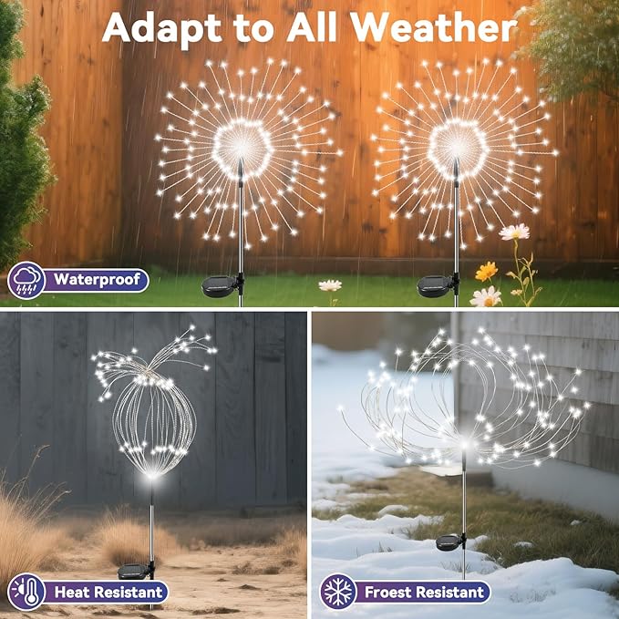 Garden Outdoor Lights, 4 Pack 120 LED Solar Garden Lights Fairy Lights Outdoor Waterproof Decorative Solar Firework Lights for Yard Patio Pathway Flowerbed Party Wedding Decor, White