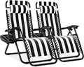 Best Choice Products Set of 2 Adjustable Steel Mesh Zero Gravity Lounge Chair Recliners w/Pillows and Cup Holder Trays - Black Striped
