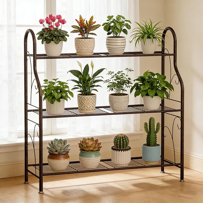 SORCEDAS Plant Stand Indoor Outdoor Plant Shelf 3 Tier Metal Corner Flower Stand Multiple Holder for Patio Garden Balcony Living Room, Bronze