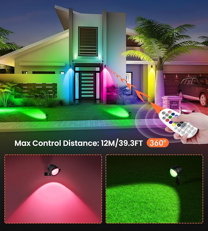 MEIKEE 15W RGB Color Changing Landscape Lighting 120V LED Landscape Lights with 4.9ft Cable IP66 Waterproof Outdoor Spot Lights for Garden Path Decoration (4 Pack)