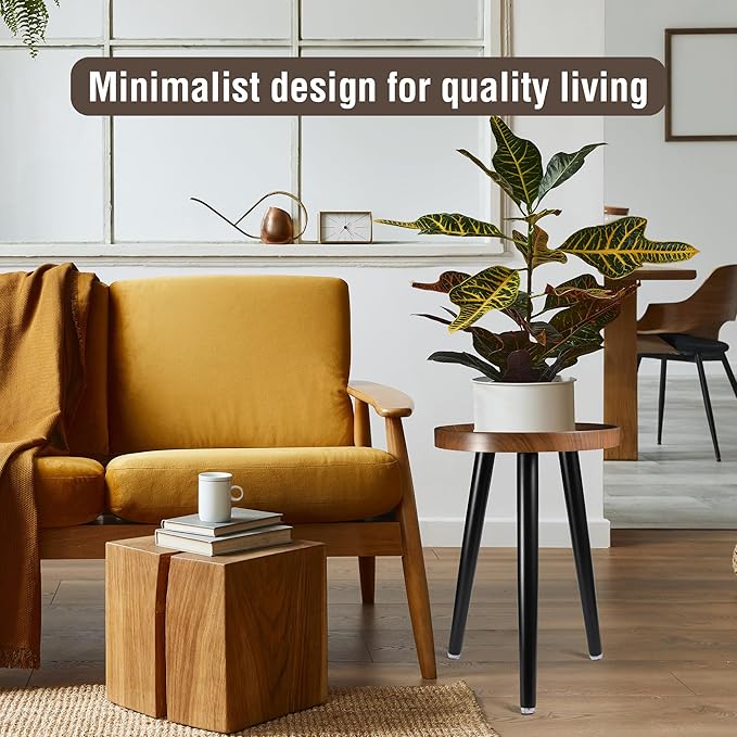 Indoor Plant Stand,Wood Mid Century Plant Table in Walnut Finish,Tall Plant Stand for Flower Pot,Modern Round Small Side End Table with Raised Design (Walnut, 12"x18" 2 Pack)