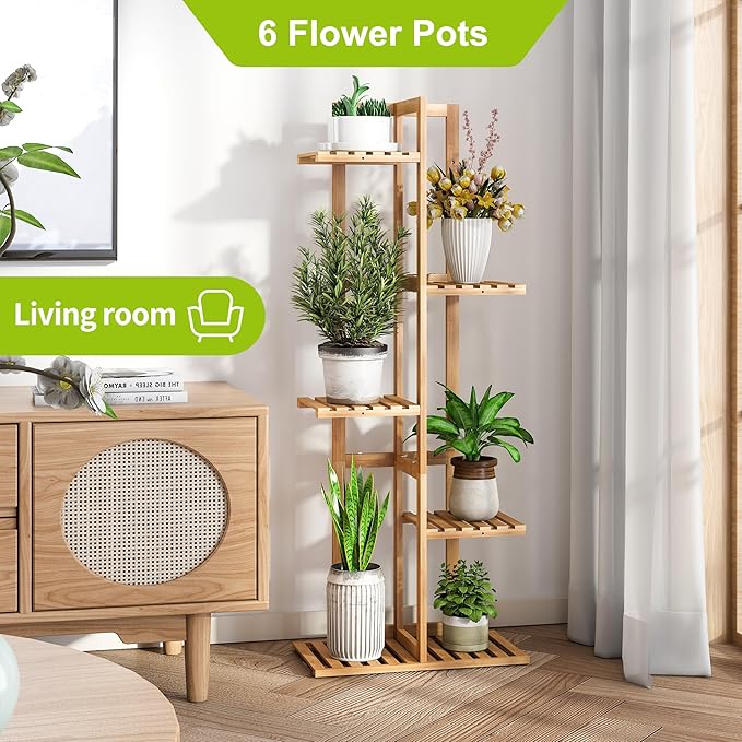 BMOSU Bamboo Plant Stand for Indoor Outdoor Plants Corner Tall Plant Shelf 6 Potted Holder Shelf Plant Rack Holder Display Rack(Natural)