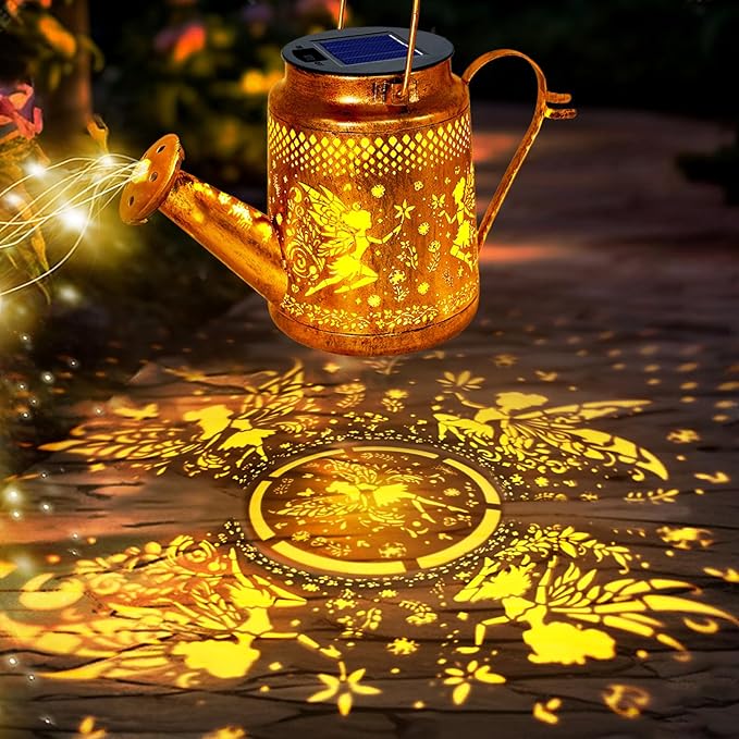 Solar Lanterns Outdoor Waterproof,Metal Watering Can Garden Decor,Fairy Hanging Solar Path Lights Yard Art,Outside Patio Decorations Gardening Christmas Gifts for Mom Grandma Women（with Shepherd Hook）