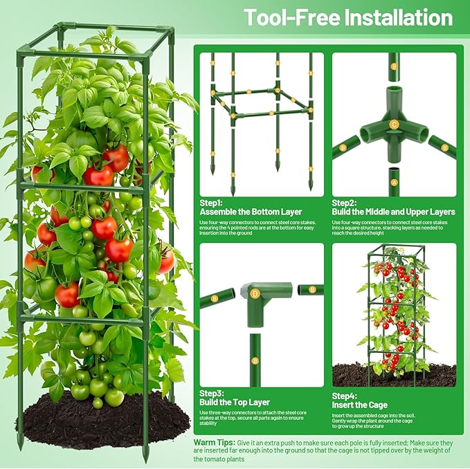 Legigo 4 Pack Square Tomato Cages for Garden- Up to 45 Inch Tomato Trellis Plant Cages Support, Tomato Stakes and Supports Cage for Climbing Vegetables Raised Garden Bed Cucumbers Peppers Flowers