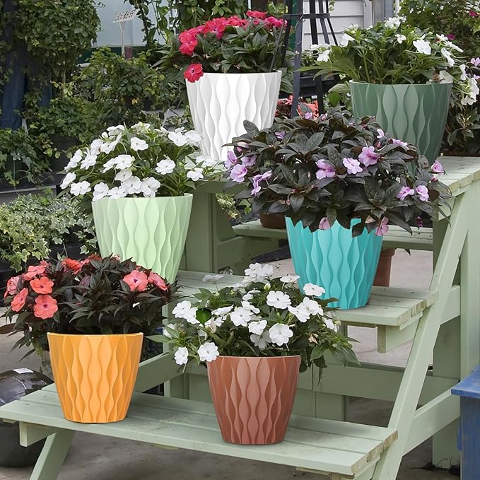 6 Pack 7 Inch Indoor Plant Pots with Drainage Holes, Outdoor Plastic Decorative Flower Pots, Garden Planters with Tray Saucers for Orchids, Violets, Succulents, Herbs, and Other Plants