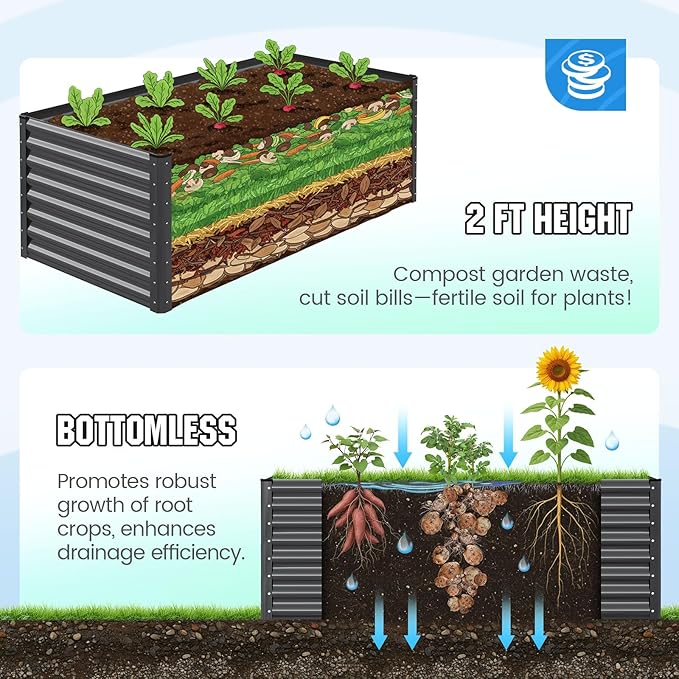 Quictent Galvanized Raised Garden Bed 6x3x2 Ft Metal Planter Box Bottomless for Backyard Outdoor, Include 1 pc Tomato Cage (Dark Gray)
