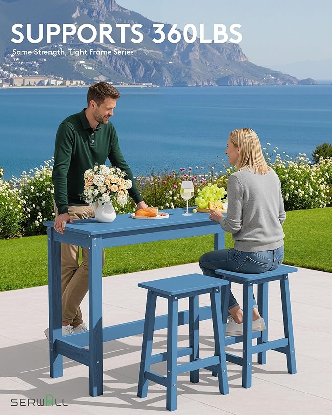 SERWALL 3-Piece Outdoor Bar Set, Rectangular All Weather HDPE Bar Height Patio Set, Outdoor High Top Table and Stools for for Outside, Poolside, Backyard, Garden, Blue