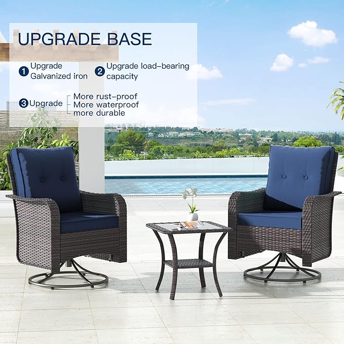 Kullavik 11 Pieces Outdoor Patio Furniture Set,PE Wicker Rattan Sectional Sofa Patio Conversation Sets with 43" 55000BTU Gas Propane Fire Pit Table,Swivel Rocking Chairs Set,Navy Blue