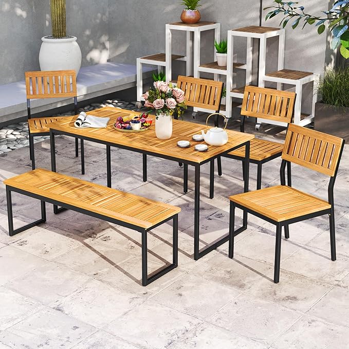 Tangkula 6 Pieces Outdoor Acacia Wood Dining Set, Patio Table and Chairs Set with Bench and 2” Umbrella Hole, Outdoor Patio Dining Furniture Set for Lawn, Garden, Poolside, Backyard