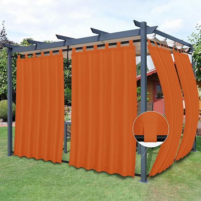 Easy-Going Outdoor Patio Curtains Detachable Tab Top Windproof Weatherproof Curtain for Cabana, Porch, Pergola and Gazebo, Tab Bottom Drape, 2 Panels, 54W x 96L inch, Orange