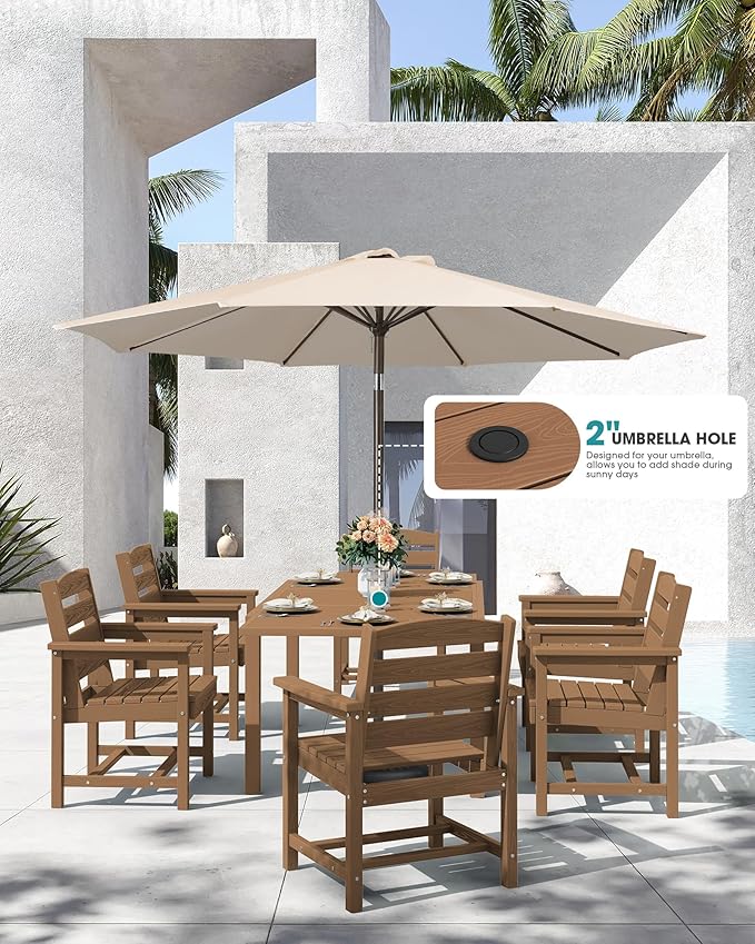 SERWALL 7-Piece Patio Dining Sets, 60" - 83" Expandable Outdoor Dining Table and 6 HDPE Chairs, All Weather HDPE Outdoor Furniture Set for Backyard, Garden, Brown