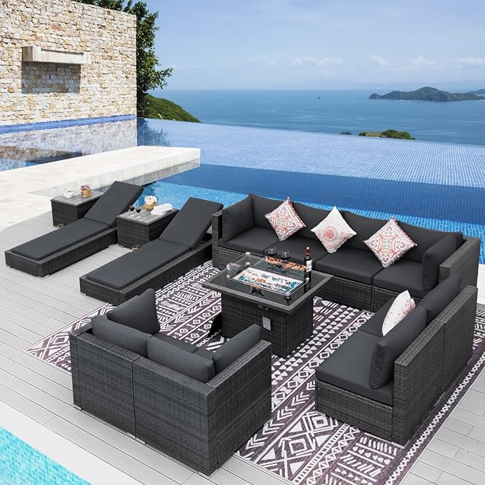 NICESOUL 13 Piece Patio Furniture Set with Fire Pit, 29.3'' High Back Outdoor Patio Set with Fire Pit & Chaise Lounge, Large Modular Outdoor Grey Wicker Sofa 500 lbs Heavy Duty for Deck, Pool