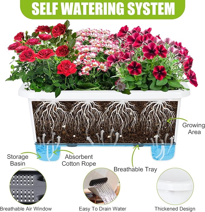 Self-Watering Rectangle Planter Boxes 8-Pack, 15.7-Inch Window Box Planter with Drainage Holes & Trays, Pots for Vegetables, Herbs, Flowers, Garden Windowsill Balcony (White)