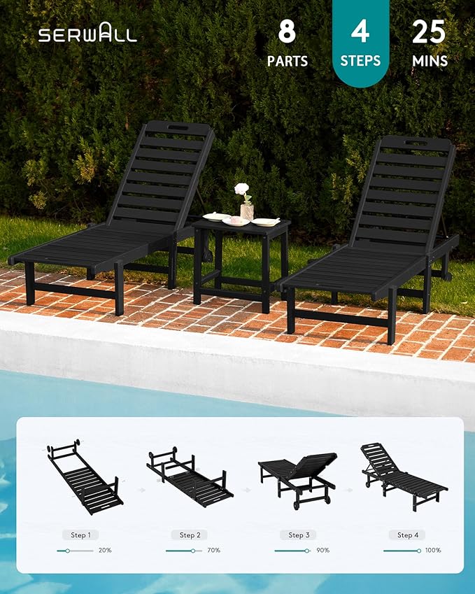 SERWALL Outdoor Chaise Lounge Set of 8, HDPE Pool Lounge Chairs with 5-Position Adjustable Backrest, Patio Loungers with Rolling Wheels & Cup Holder for Pool Sunbathing, Black