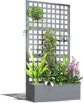 Outsunny Galvanized Raised Garden Bed with Trellis, Metal Planter Box with Drainage Holes, Outdoor Privacy Screen for Climbing Plants, Vegetable, Vines, 35" x 16" x 70", Gray Wood Effect