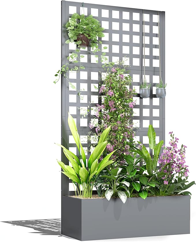 Outsunny Galvanized Raised Garden Bed with Trellis, Metal Planter Box with Drainage Holes, Outdoor Privacy Screen for Climbing Plants, Vegetable, Vines, 35" x 16" x 70", Gray Wood Effect