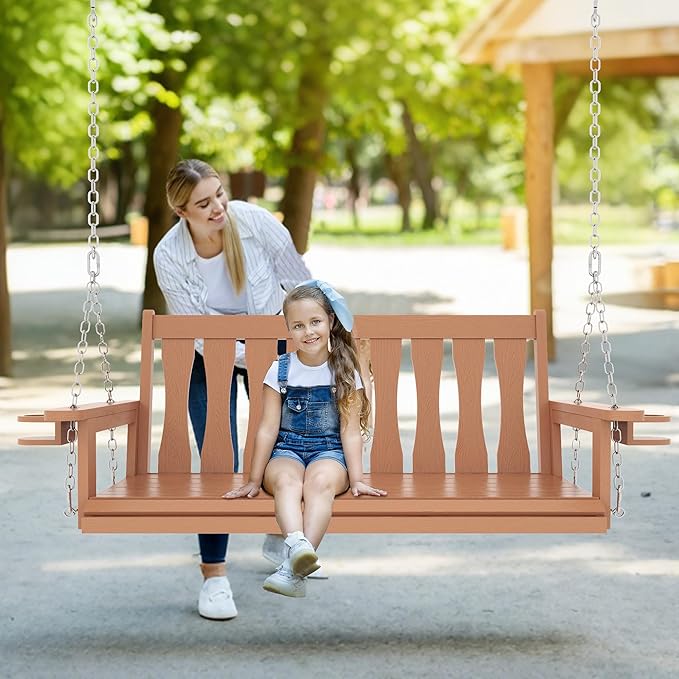 HIPS All-Weather Outdoor Hanging Porch Swing,2 Seat Hanging Swing Bench with Cup Holders,Patio Swing Chair with Hanging Chains for Courtyard & Garden