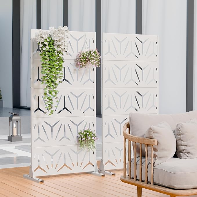Casaphoria Metal Privacy Screen Outdoor, 60" H x 30" W Freestanding Decorative Privacy Screen for Patio Deck Balcony Garden with Stable Base, White-Star