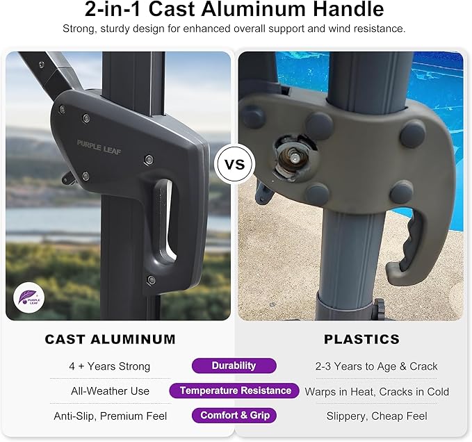 PURPLE LEAF 10 FT Outdoor Umbrella with Base Patio Cantilever Aluminum Umbrella with 3 Years Fade Resistance Recycled Fabric Offset Square with 360-degree Rotation for Deck Pool Garden, Sand Dune
