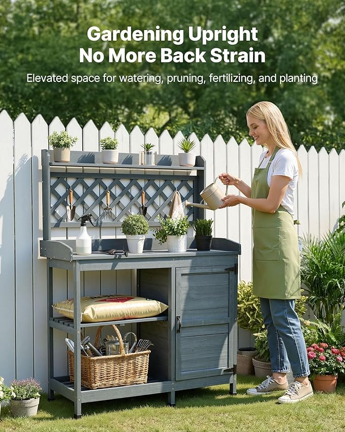 VEVOR Potting Bench Table, Outdoor Gardening Wooden Workstation with Storage Cabinet, Storage Shelves, 43 x 18 in Wood Tabletop, Garden Planting Work Station for Patio, Backyard, Balcony, Gray