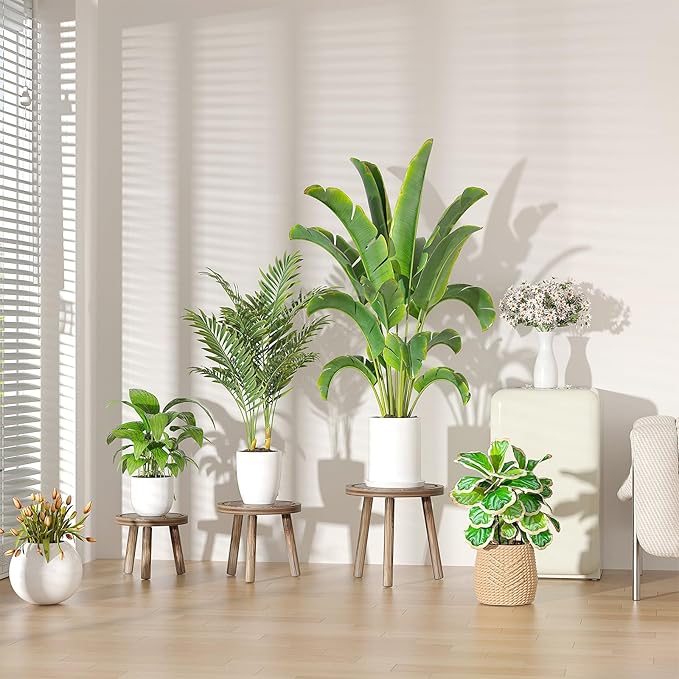 3-Pack Wood Plant Stands Indoor, Single Plant Stand for 6-12 Inch Pots, Mid-Century Modern Plant Stool, Tall Plant Stand for Large Plants Perfect Fit for Living Room, Balcony, Office