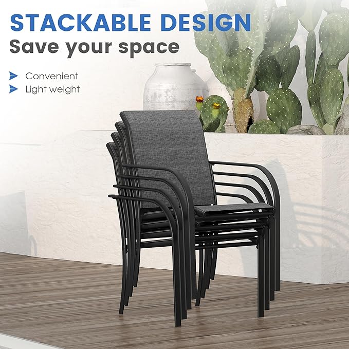 VICLLAX Patio Dining Set for 6, Outdoor Furniture Set Includes 63" Rectangle Patio Table and 6 Patio Sling Chairs, Outdoor Table and Chairs for Outsides, Black Tabletop and Dark Grey Fabric