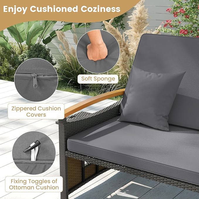 Tangkula Patio Rattan Daybed with 4-Level Adjustable Backrest, Outdoor Wicker Loveseat with Acacia Wood Armrest, Storage Ottoman & Folding Tray, Double Sunbed for Lawn Yard & Poolside, Grey & Brown