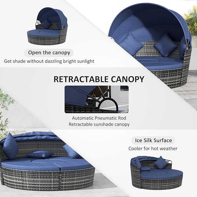 Outsunny 4-Piece Round Convertible Daybed with Cushions, Outdoor PE Rattan Patio Wicker Sofa Set, Sunbed with Adjustable Sun Canopy, Sectional Sofa, 2 Chairs, Table, 3 Pillows, Dark Blue