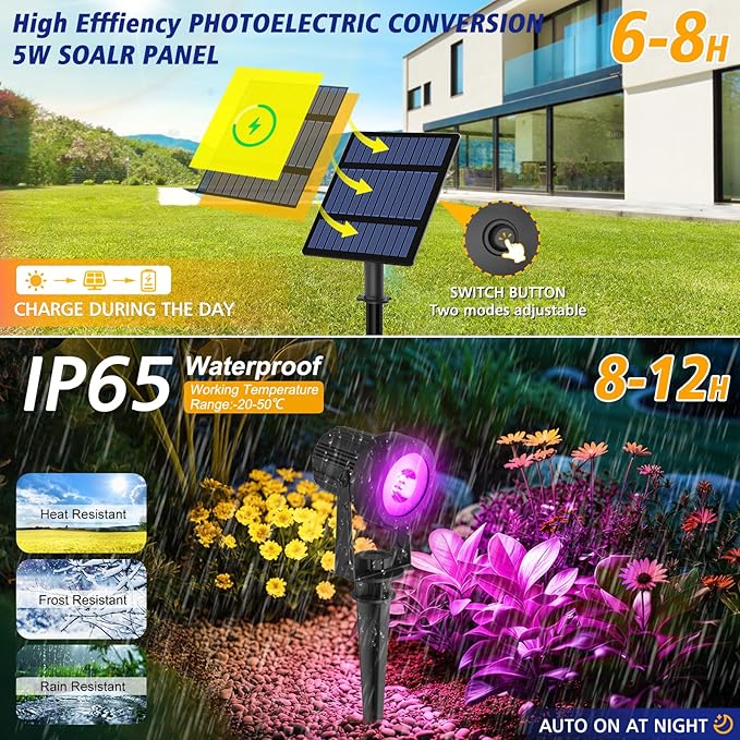 T-SUNUS RGB Solar Spot Lights Christmas Outdoor 6-in-1, Color Changing Landscape Spotlights Pond Lighting Waterproof IP65 9.8ft Cable for Tree Patio Pathway Yard Garden Wall Flag Halloween Holiday