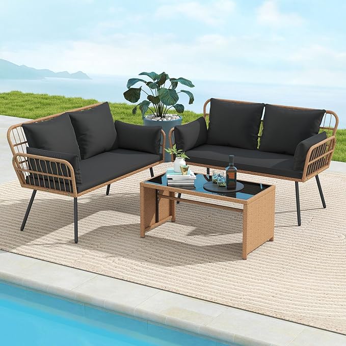 Tangkula Patio Wicker Loveseat, Outdoor Rattan 2-Seat Cushioned Sofa with Heavy Duty Metal Frame, for Backyard,Porch,Poolside (Black)