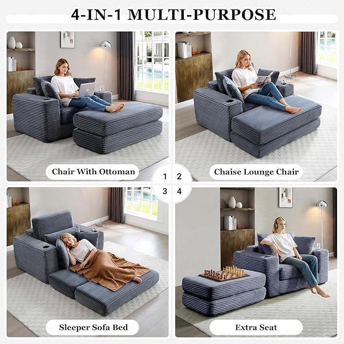 HANXIN 62" Chaise Lounge Chair Indoor, Oversized Corduroy Boneless Convertible Chaise Lounge Couch Sleeper Chair with Ottoman, Deep Seat Reading Chair, No Assembly Required (Grey)