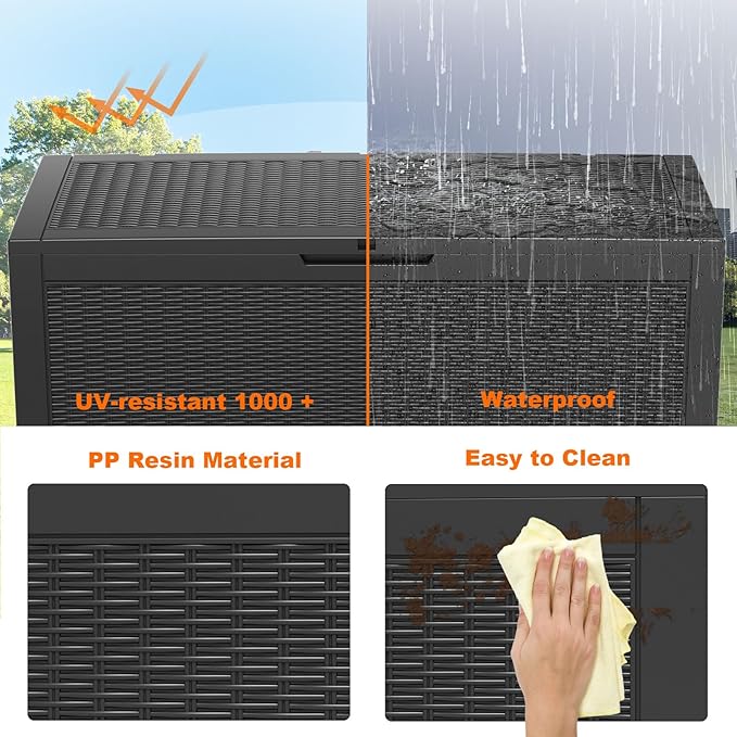 ROJIK Outdoor Storage Housing Deck Box - Waterproof Patio Furniture, Garden Tools, Cushions, Pool Accessories Storage Bench with Lockable Lid and Side Handles (Black 110 Gal)