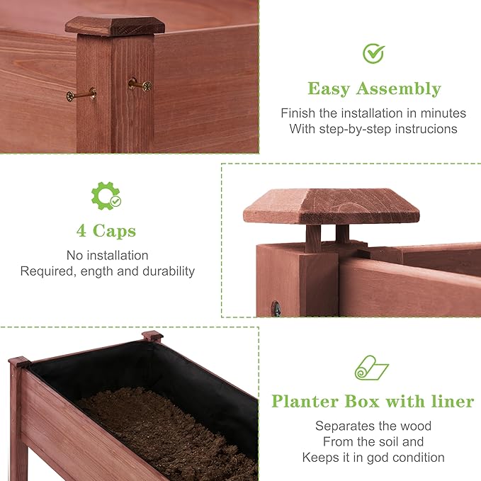 Raised Garden Bed with Legs, 48x24x30'', Outdoor Wood Elevated Planter Box, Thick Legs, w/Liner