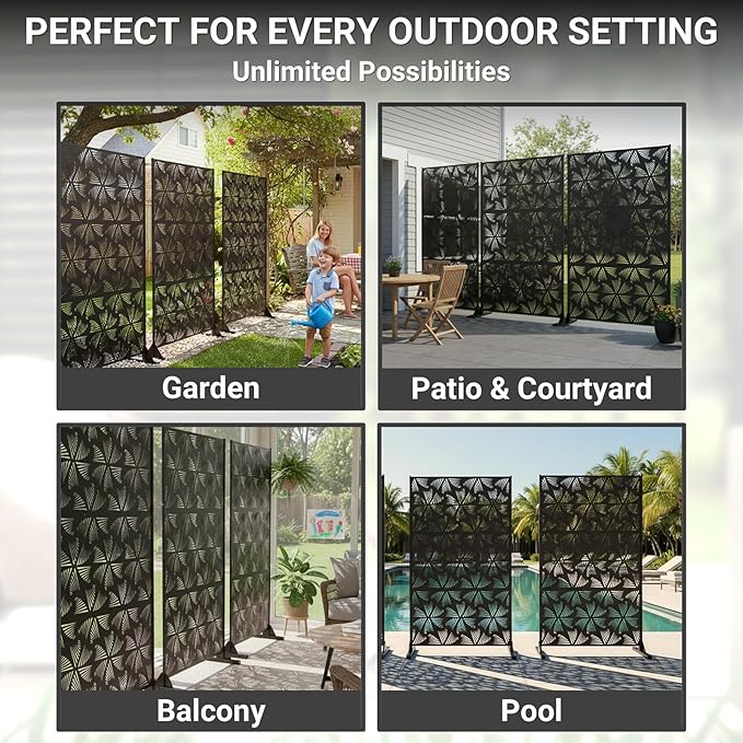 72in Metal Privacy Screen Outdoor Decorative Panel – Freestanding Rustproof Steel Patio Divider for Garden, Backyard, or Balcony, Modern Laser Cut Design for Stylish Privacy & Outdoor Decor