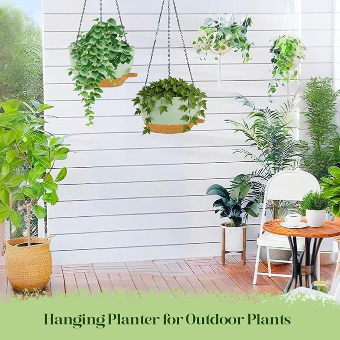 2 Pack 10 Inch Self Watering Hanging Planters for Indoor Plants, Large Green Brown Plastic Hanging Pots with Chains for Outdoor Patio Garden Home Decor (Green Brown)
