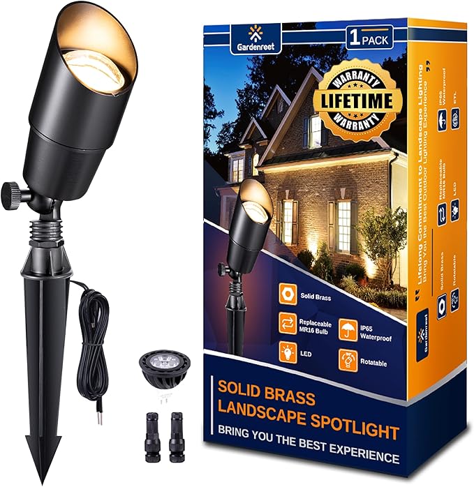 Gardenreet Landscape Spotlights Low Voltage - Brass Outdoor Uplight LED 12V, Wired Spot Lights IP65 Waterproof, Black for Exterior Garden Yard Tree House with 5W 2700K Warm White MR16 Bulb