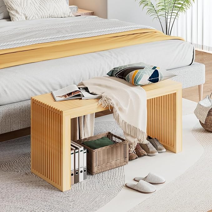 Bamboo Dining Bench, 35 inch Farmhouse Decor Indoor Kitchen Table Bench, Entryway Shoe Rack Bench Solid Bamboo Benches for Living Room, Hallway, Bedroom, Bathroom (Nature, Long-Outdoor)
