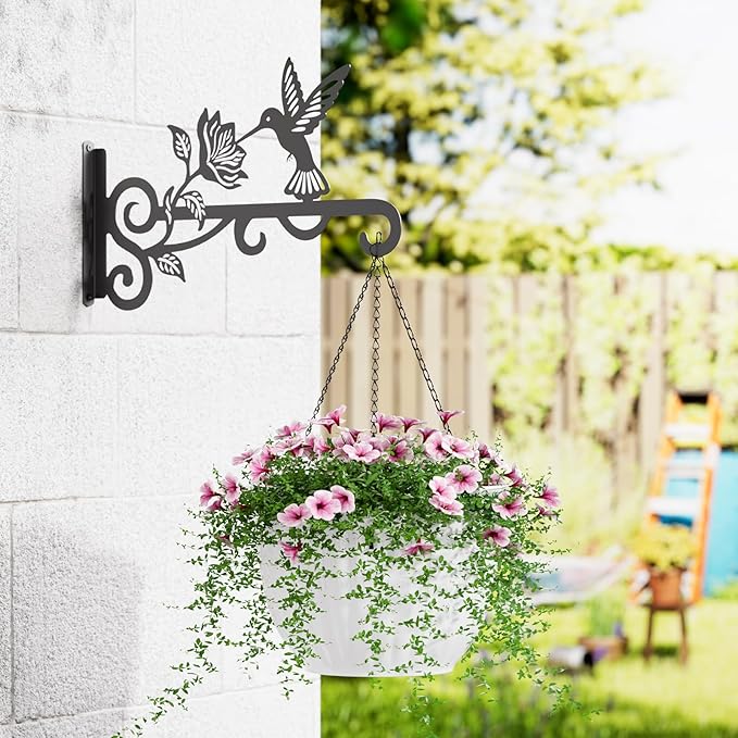 4-Pack Aesthetic Plant Hangers Outdoor – 10 Inch Metal Hanging Plant Bracket with Beautiful Hummingbird Pattern – Anti Rust Plant Hooks for Hanging Plants, Bird Feeder, Windchime, Lantern