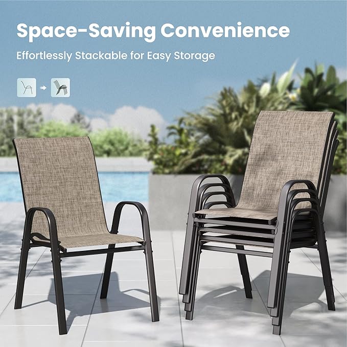 PHI VILLA Patio Chairs Set of 6, Outdoor Stackable Dining Chairs with E-Coating Metal Frame and Upgraded Textilene Fabric, All Weather Deck Chair 350 LBS Capacity for Porch Poolside Garden