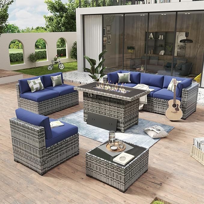 Aoxun 8 Piece Patio Furniture Set with 44'' Fire Pit Table Wicker Rattan Patio Conversation Set Outdoor Sectional Sofa Set with Coffee Table, Grey/Blue(Waterproof Cover Included)