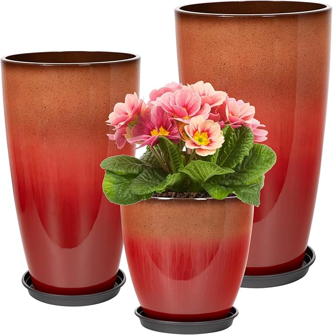 24/21/12 Inch Large Plastic Planter, Lightweight Ceramic-Look Tall Planters with Drain Hole & Saucers, Tall Plastic Planters for Porch, Garden, Patio, Balcony(Fiery Red)