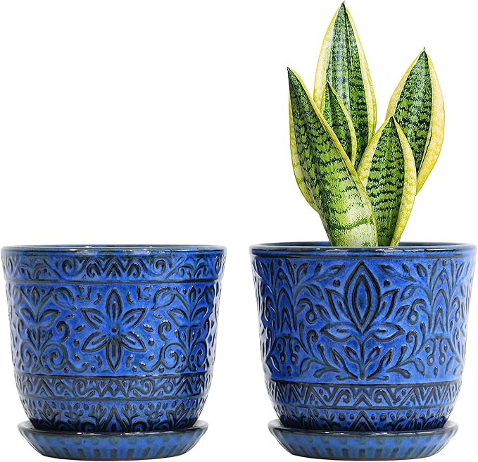 Gepege 6 Inch Ceramic Planter, Blue Plant Pot with Drainage Holes and Saucers for Indoor Plants, Birthday for Women Mom