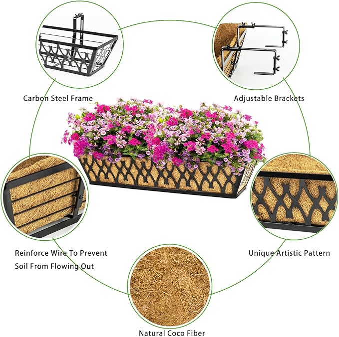 6 Pack 24 Inch Window Boxes Planters Railing Planter Box with Adjustable Brackets for Porch Fence Patio Balcony Hanging Flower Baskets with Coco Liners for Outdoor Garden Decor - Black