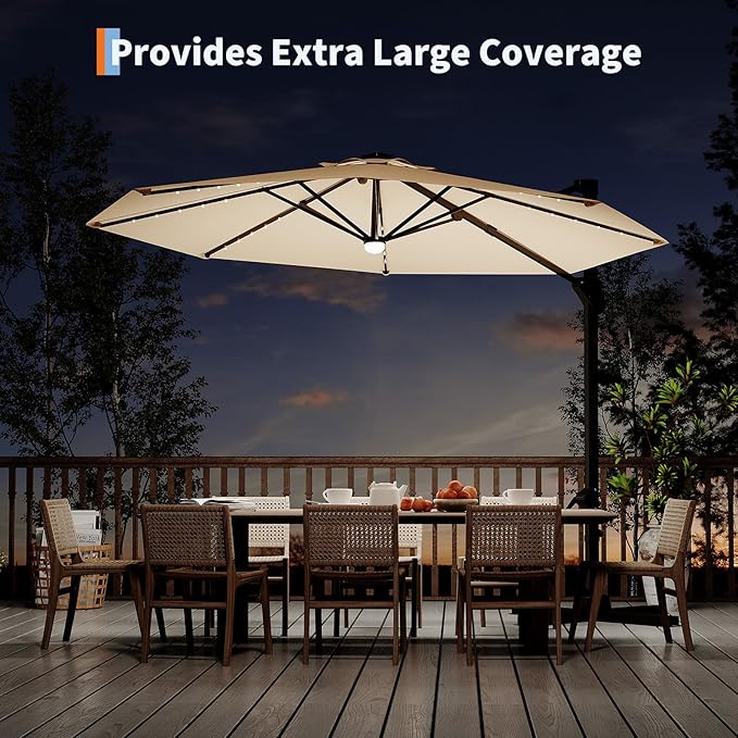 Garvee 10 ft Cantilever Patio Umbrella with Solar Lights, 360°Rotation Offset Umbrella, Easy Crank & Tilt Adjustment, UV Protection for Backyard, Poolside, Deck
