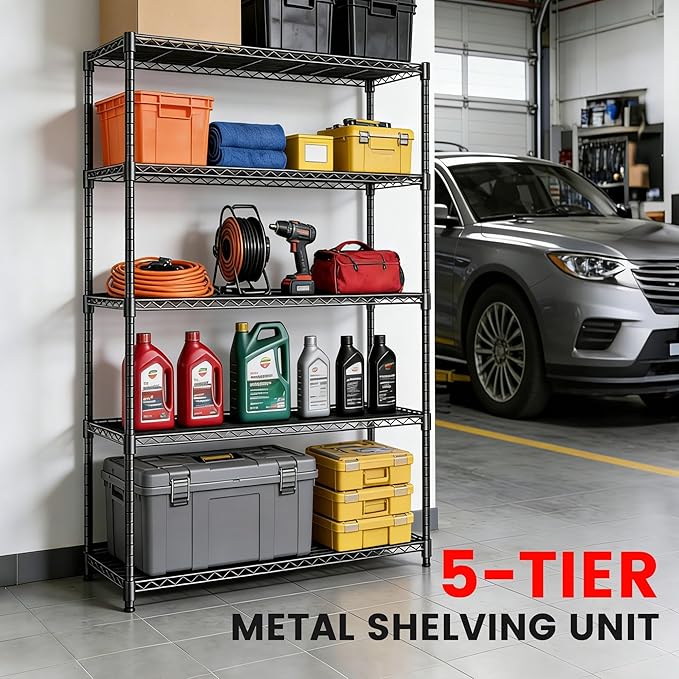 Xcity Storage Shelves, 5 Tier Heavy Duty Metal Shelving Unit, 2000 LBS Capacity Adjustable Steel Wire Shelf Organizer for Pantry, Kitchen, Garage, 14" D x 30" W x 60" H, Black