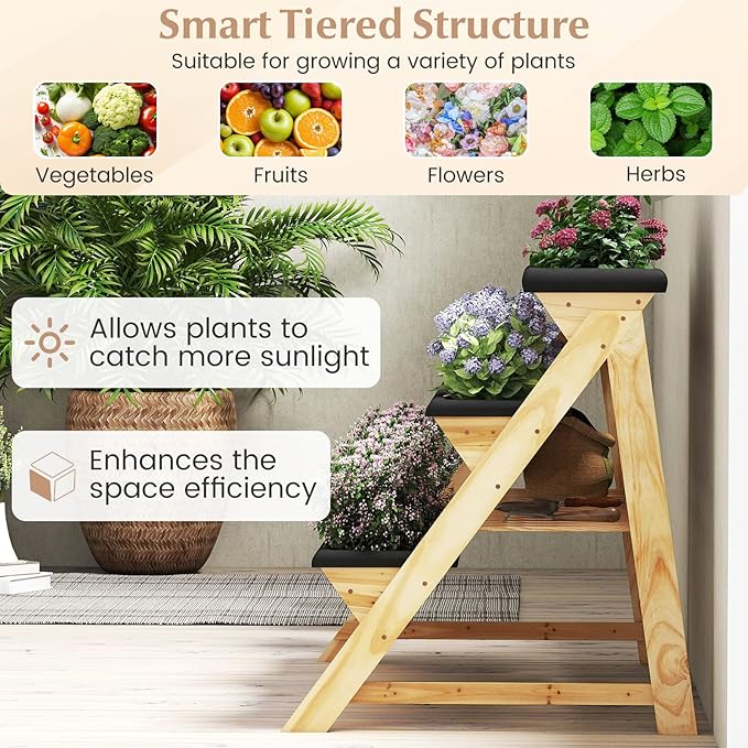 Giantex 3-Tier Vertical Raised Garden Bed, Wood Elevated Planter Box with Legs, Storage Shelf, Liners for Growing Vegetables Herbs Flowers, Indoor Outdoor Freestanding Raised Bed for Patio (Natural)