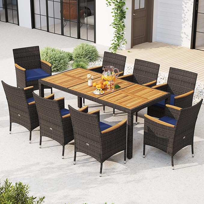 Tangkula 9 Pieces Rattan Outdoor Dining Set for 8, Outdoor Acacia Wood Table Set with 8 Cushioned Wicker Chairs, Umbrella Hole, Patio Dining Furniture Set for Deck Pool Backyard