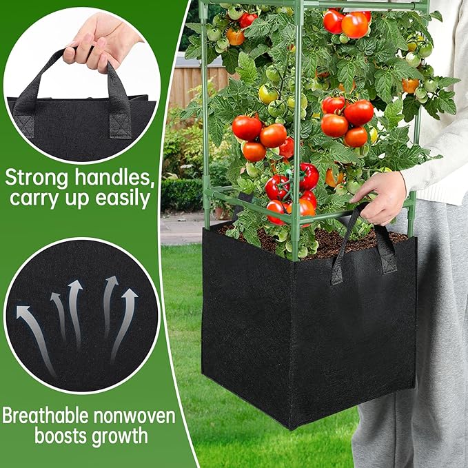 ANPHSIN 3 Sets Tomato Cages with 10 Gallon Grow Bags - 47'' Stable Plant Support Trellis Kit, Square Cages with Planter Pots for Garden Flowers Vegetables Cucumber Vertical Climbing Plants Vines
