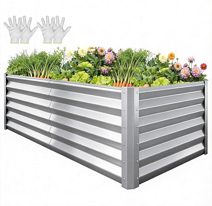 YITAHOME 6x3x3ft Large Raised Garden Bed Kit, Galvanized Metal Planter Box with Gloves, Support Rod, Outdoor Above Ground Planters for Plants Vegetables Flowers, Silver